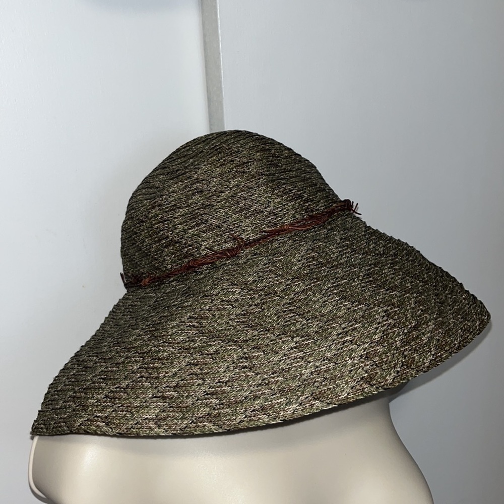 Kokin New York Woven Wide Brim Sun Hat w Twisted Leather Band Green Heather